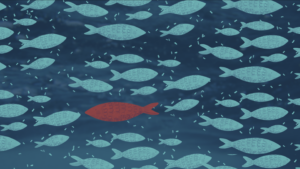 a group of blue cartoon fish swim in water, a red fish swims the other way