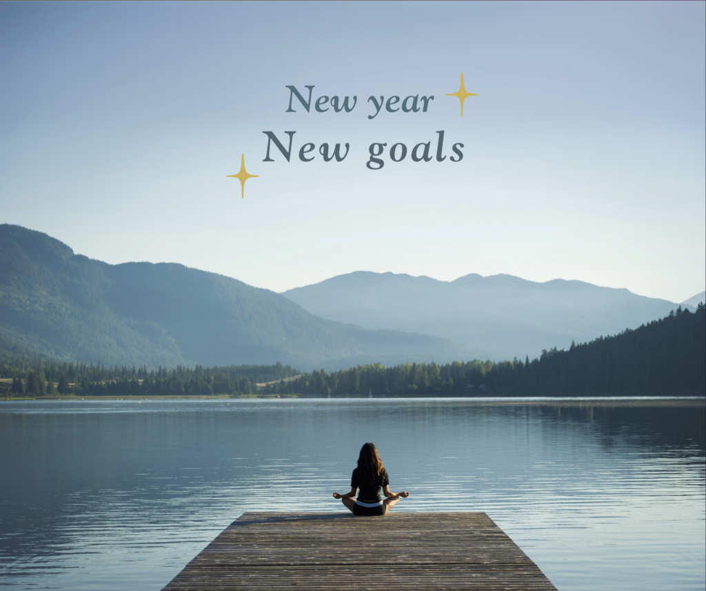 a woman sits pondering on a dock at dusk. word above her read 'new year, new goals'